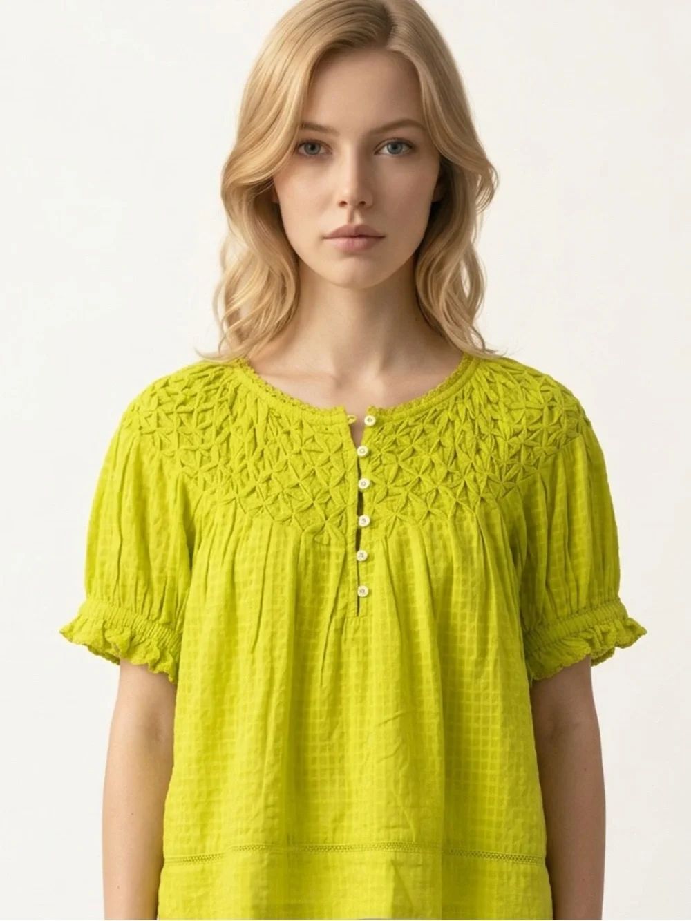 SUNDANCE | Chartreuse Green Short-Sleeve Peasant Blouse Women’s Size Small